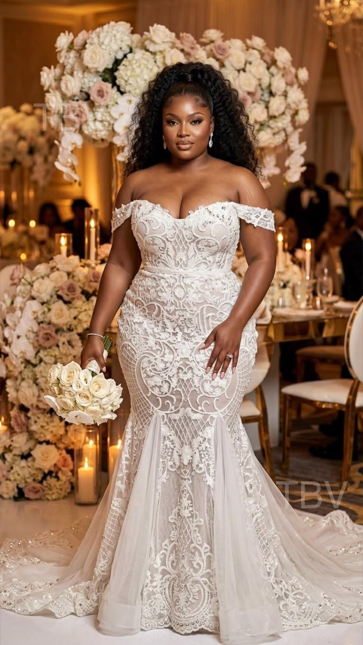 Robe sirène en dentelle, épaules dénudées